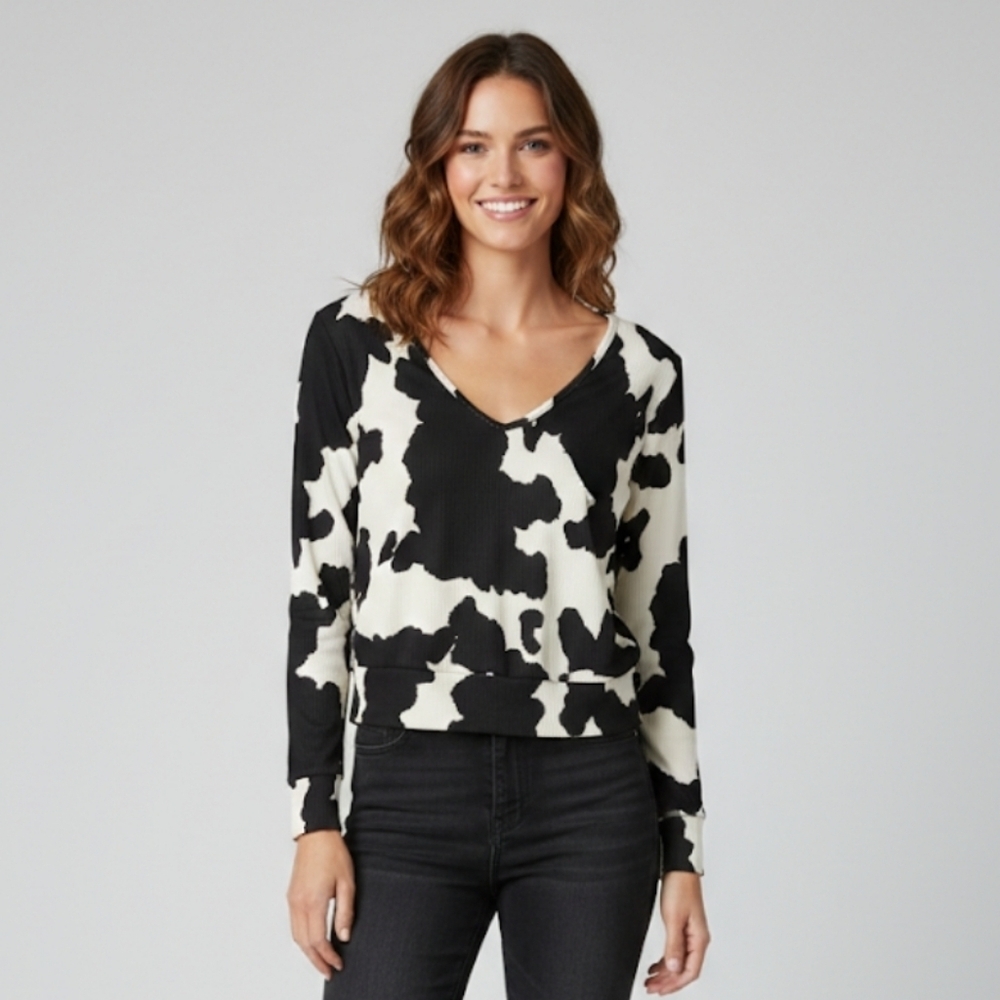 Ivory Black Cow Print Ribbed Crop Top Alter’d State Size S NWT Tie Front Western